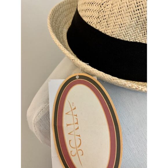 Scala Pronto Black Band Woven Straw Men's Fedora Hat NWT Natural Bow VTG Vacatio - Picture 7 of 10